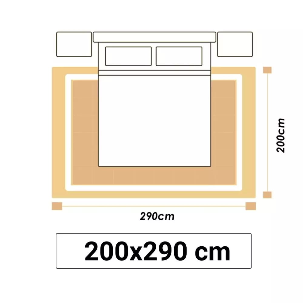 Illustrationer viser et soveværelsestæppe i størrelsen 200x290cm.