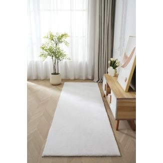 Loper Fluffy Gebroken wit Wasbaar Zacht Hoogpolig Vloerkleed