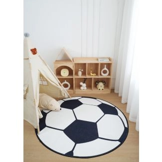 Rond Zappy Football Wit/Zwart Wasbaar Kindervloerkleed
